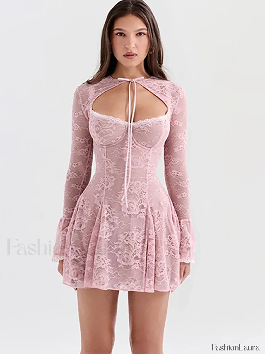 Pink Floral Flare-Sleeve Mini Dress - Image 15