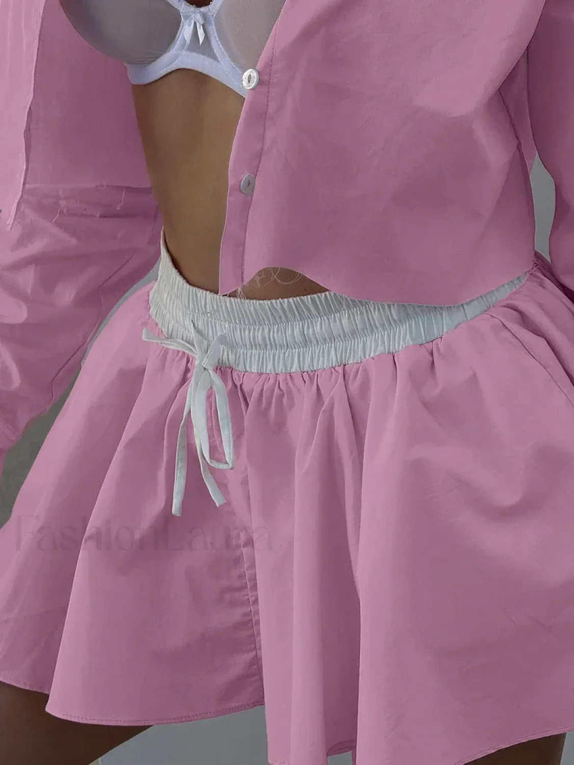 Pink Long Sleeve Crop Nightie Two Piece Set - Image 2