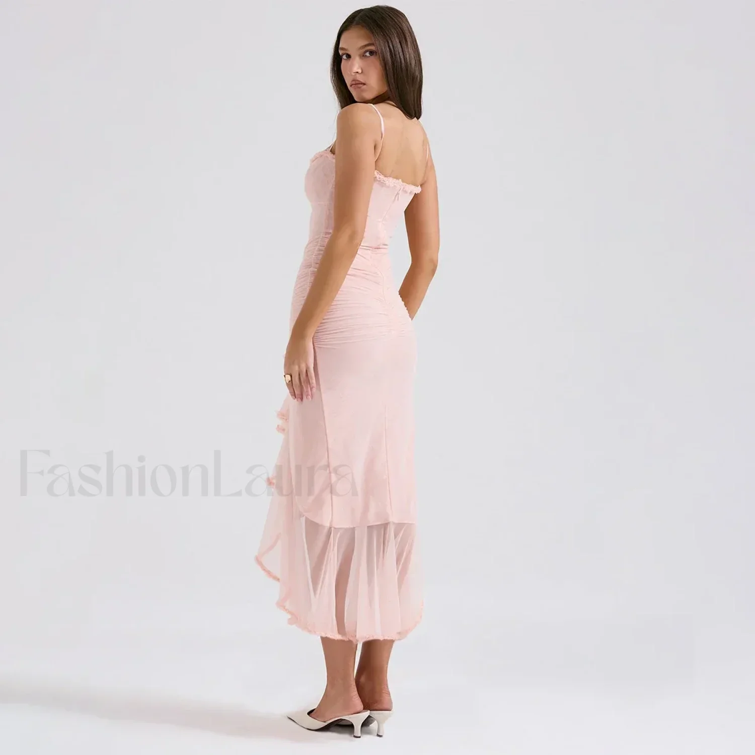 Pink Mesh Mermaid Midi Dress - Image 6