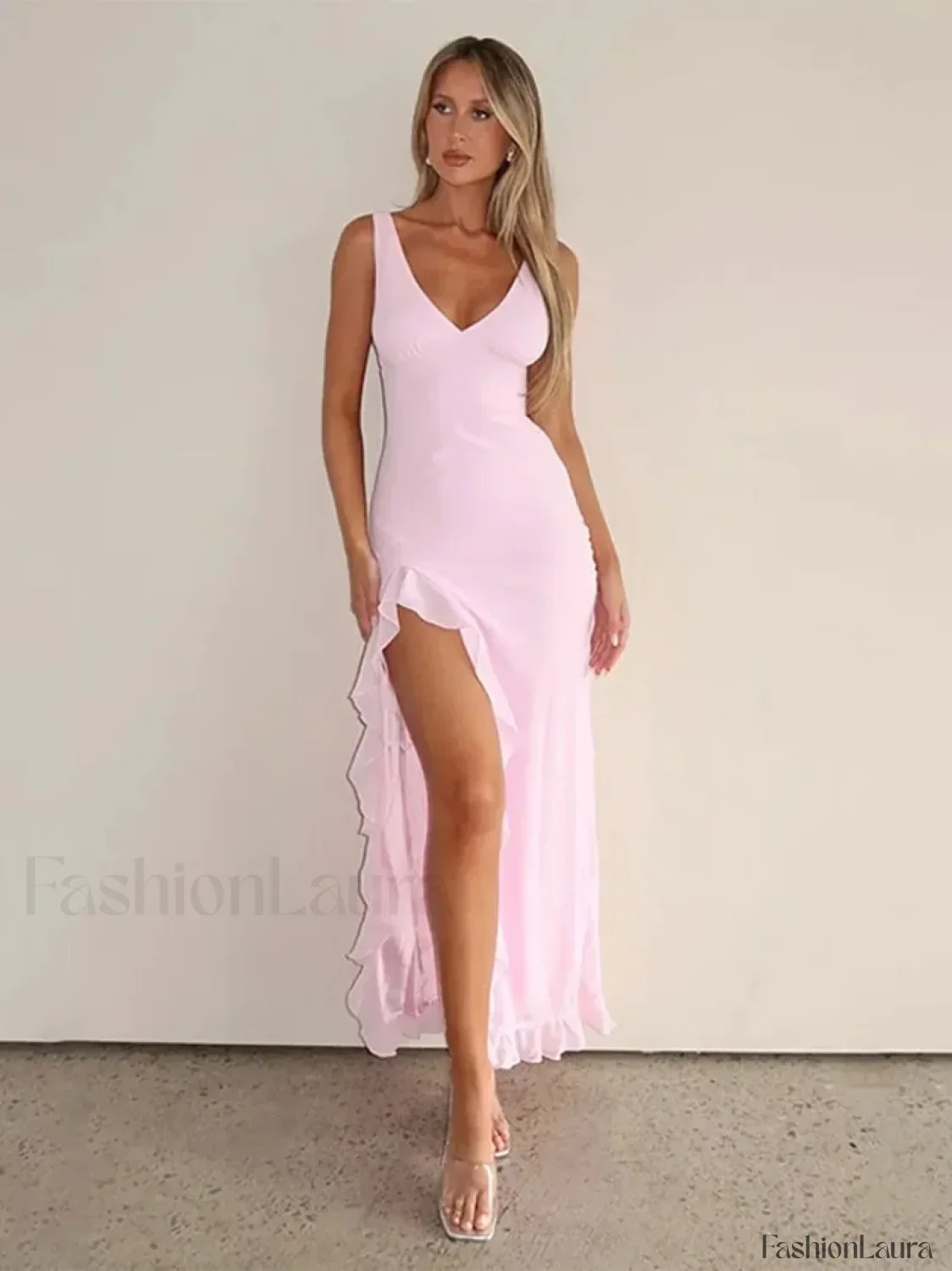 Pink Strappy Slit Midi Dress - Image 6