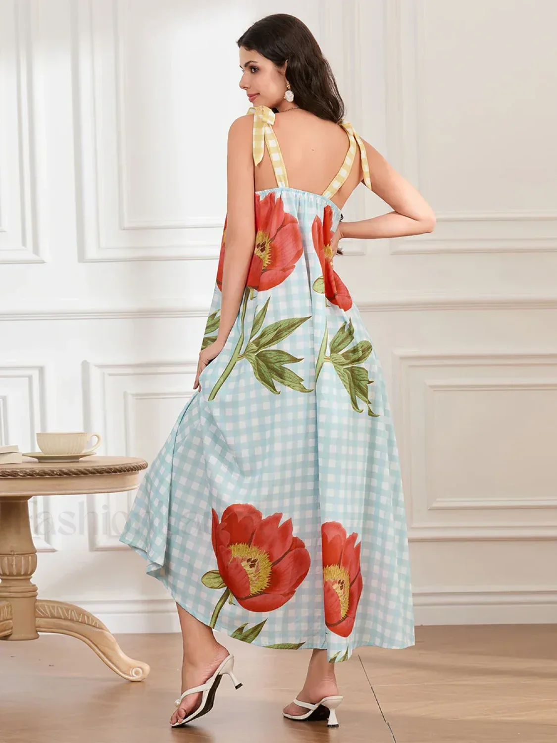 Plaid Flower Loose Tank Maxi Dress - Image 3