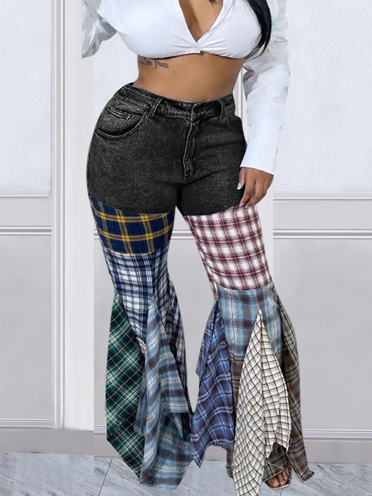 Plaid Patchwork Denim Jeans - Image 25