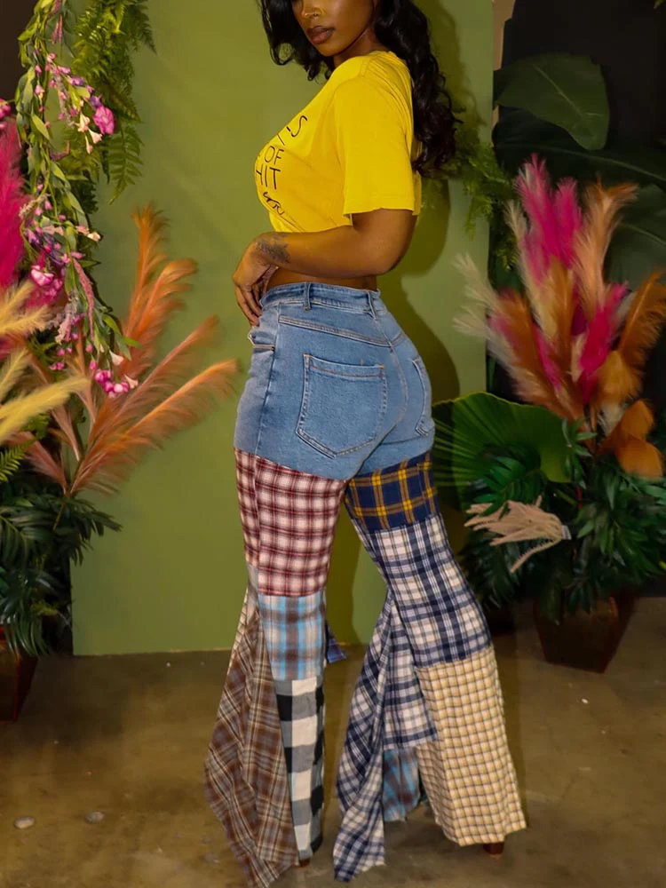 Plaid Patchwork Denim Jeans - Image 30