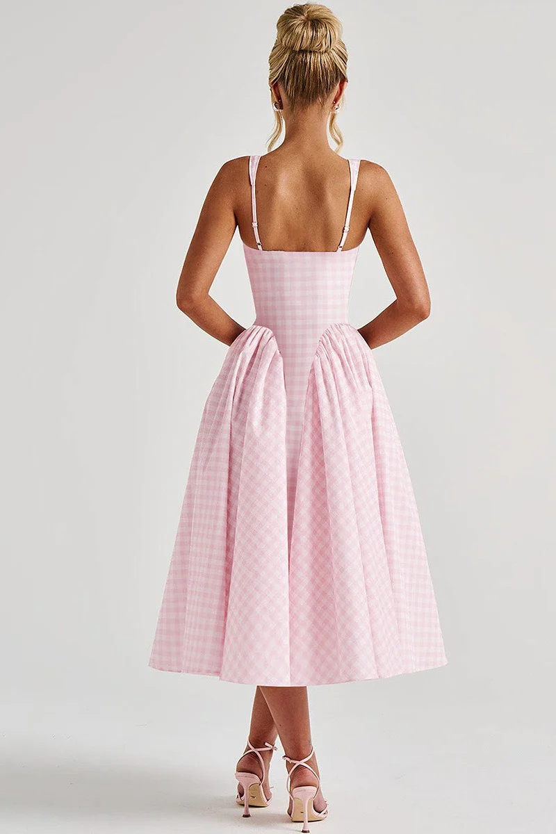 Plaid Printed Ruched Backless Spaghetti Strap Prom Dress - Image 3