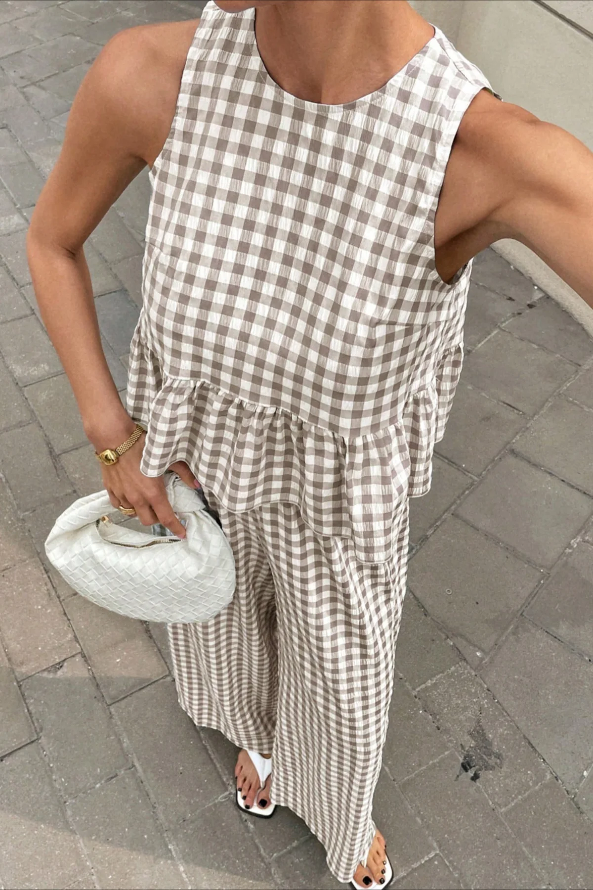 Plaid Ruffle Hem Round Neck Sleeveless Pants Set - Image 11