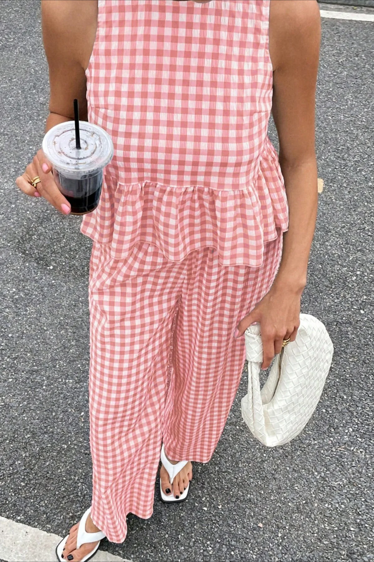 Plaid Ruffle Hem Round Neck Sleeveless Pants Set - Image 2