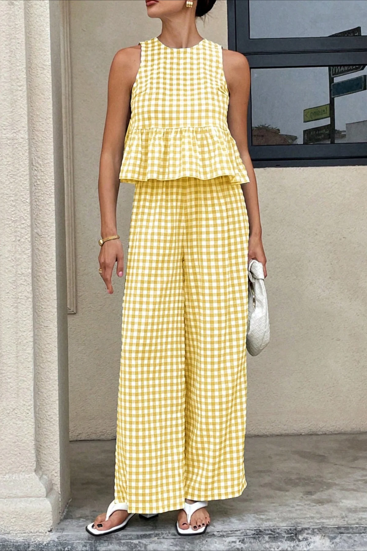 Plaid Ruffle Hem Round Neck Sleeveless Pants Set - Image 3