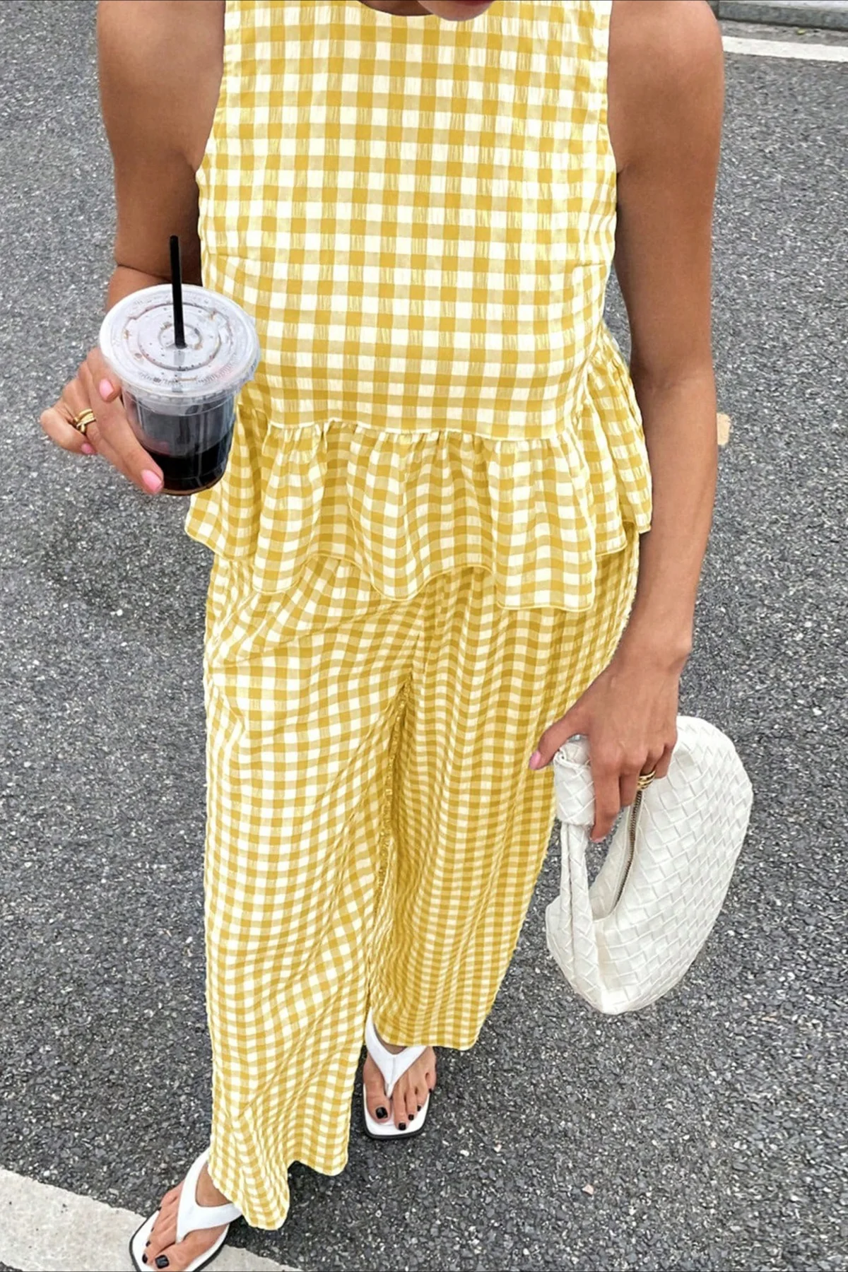 Plaid Ruffle Hem Round Neck Sleeveless Pants Set - Image 4