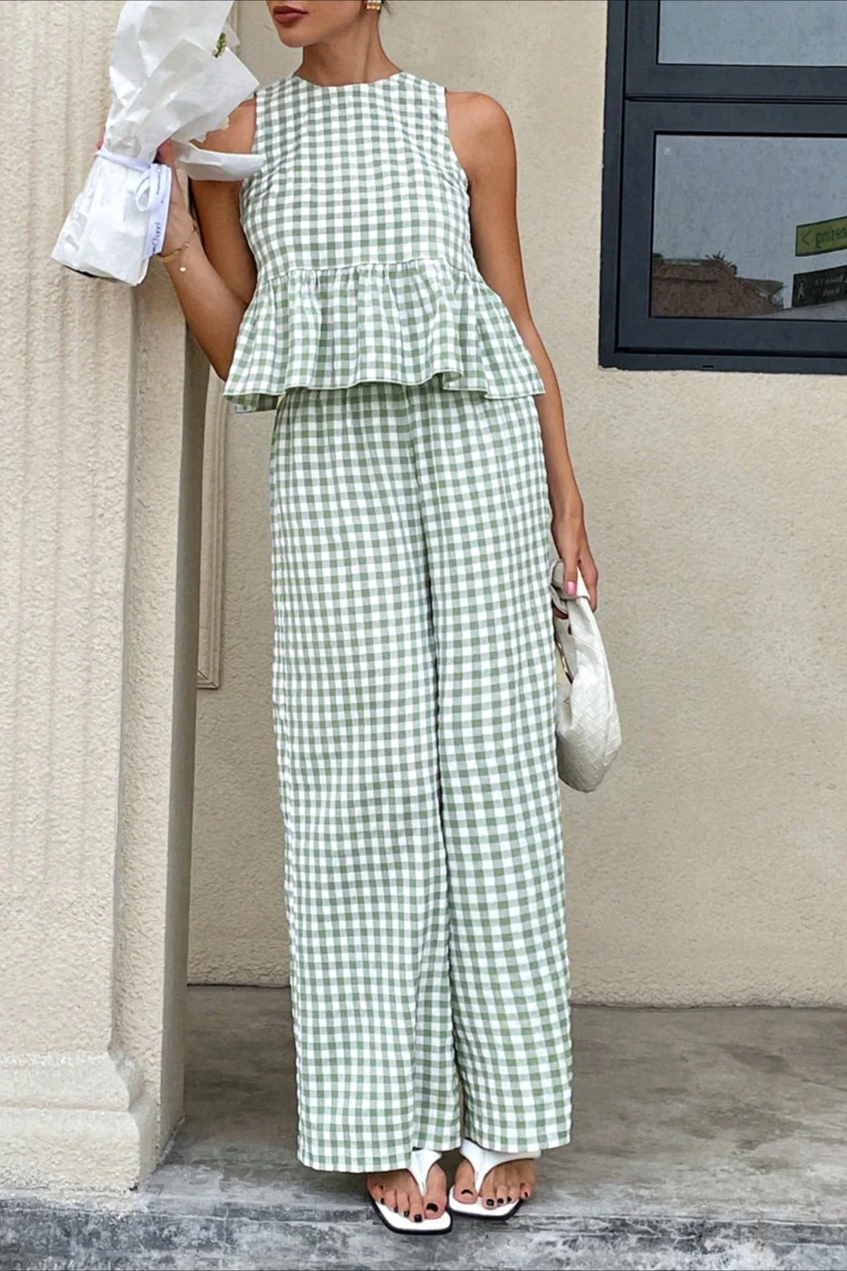 Plaid Ruffle Hem Round Neck Sleeveless Pants Set - Image 7