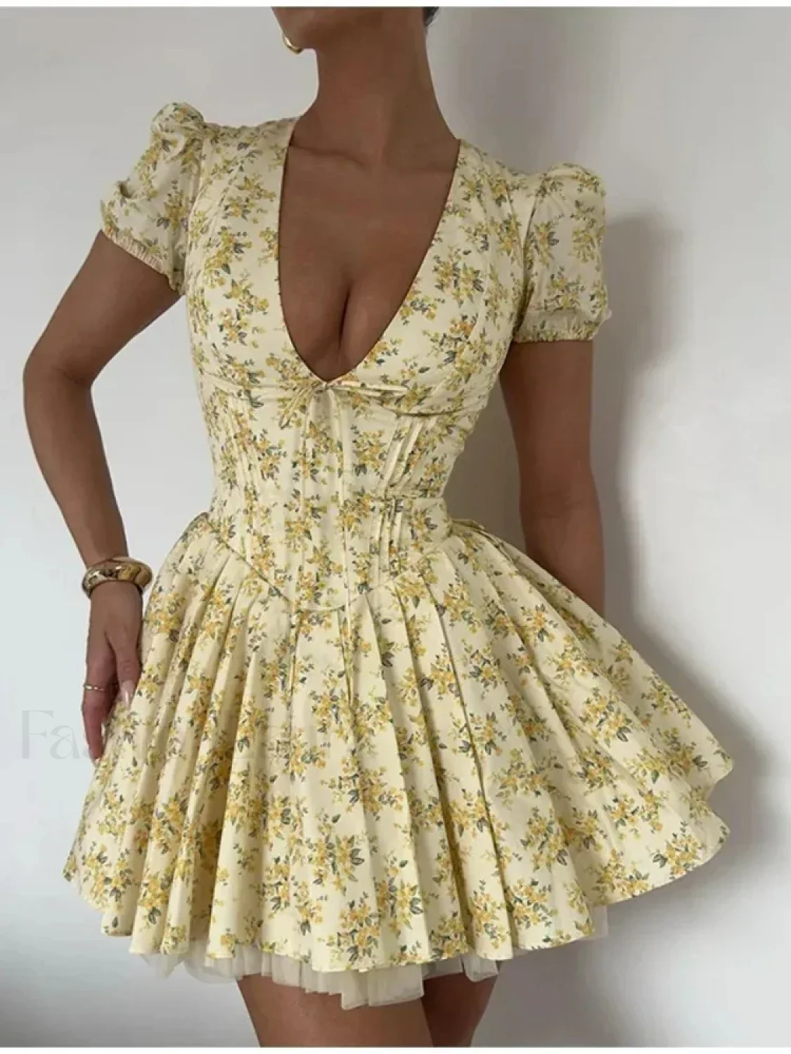 Pleated Puff-Sleeve Floral Dress