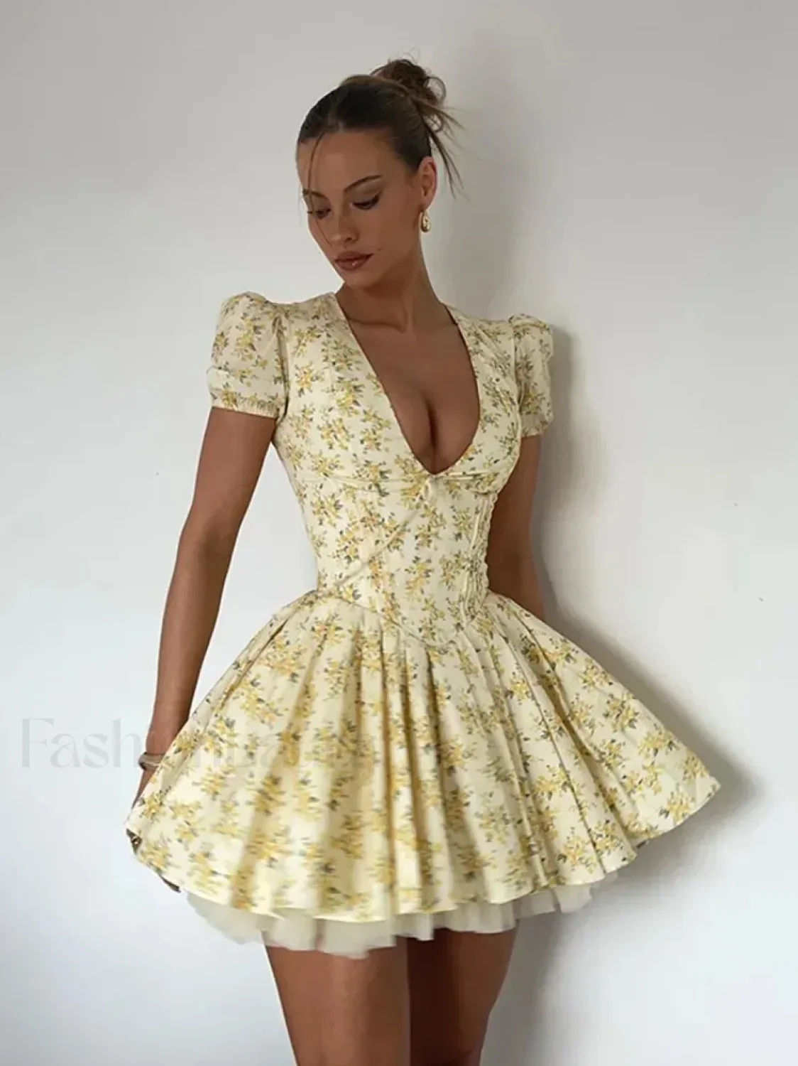 Pleated Puff-Sleeve Floral Dress - Image 13