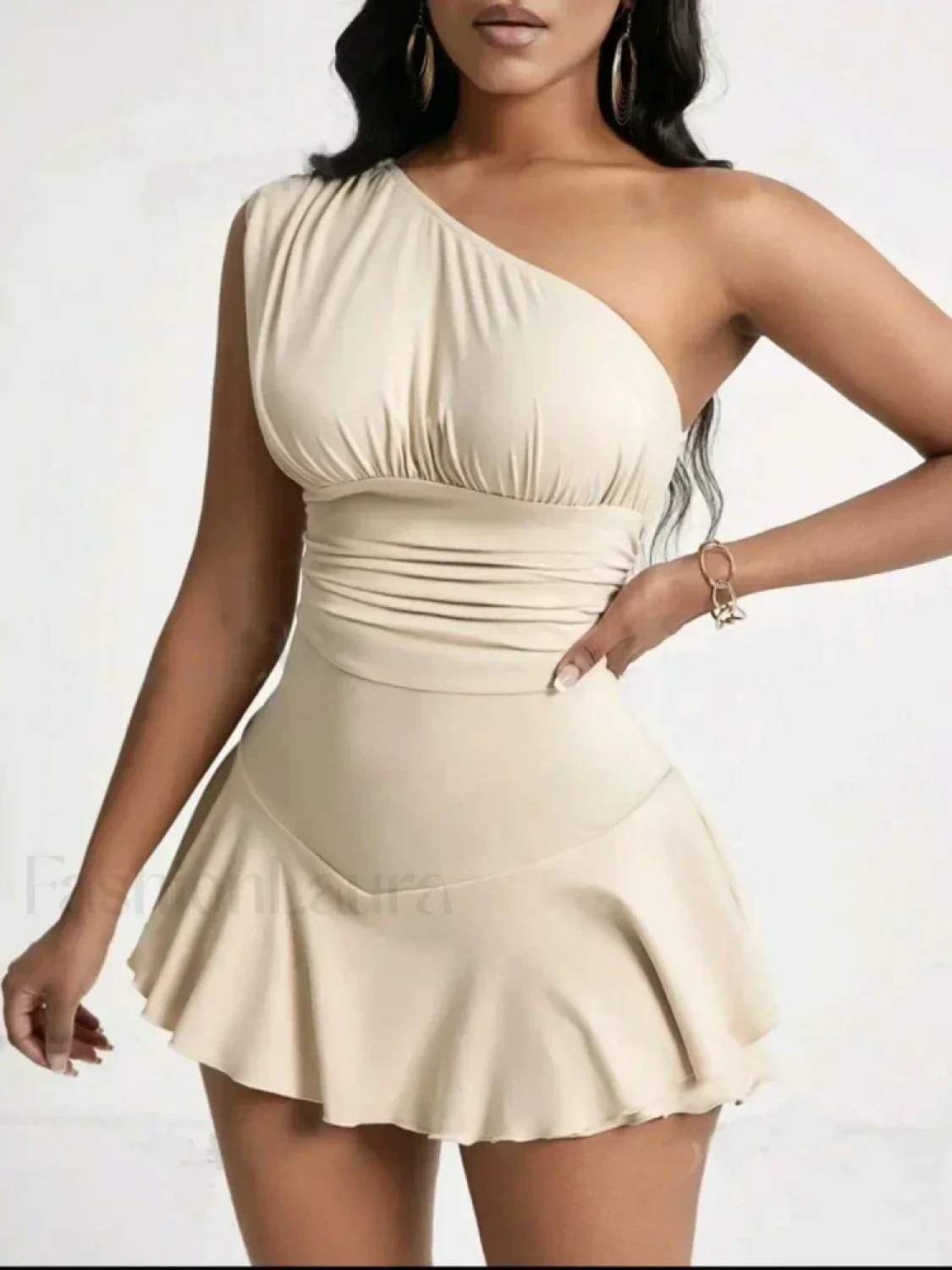 Pleated Solid Single Shoulder One Piece - Image 8