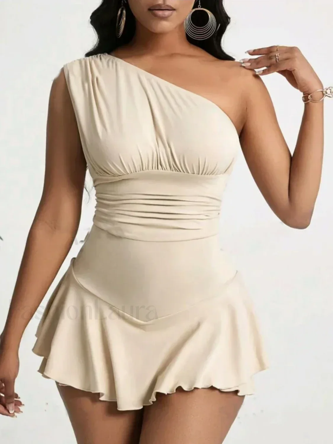 Pleated Solid Single Shoulder One Piece - Image 9
