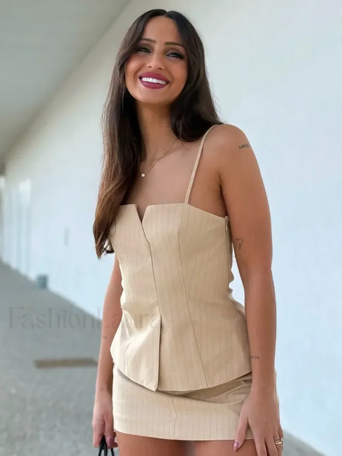 Pleated Stripe Side Zipper Sling Top Culottes Two Piece Set - Image 6