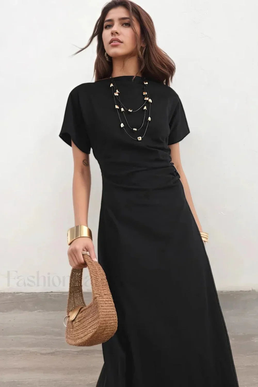 Pleated Waist Pendant Detail Black Maxi Dress - Image 3