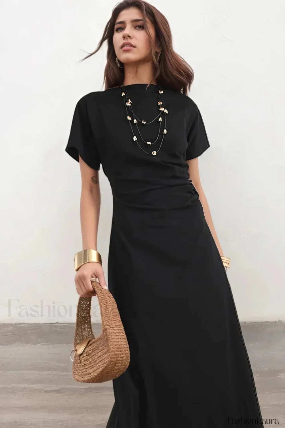 Pleated Waist Pendant Detail Black Maxi Dress - Image 5