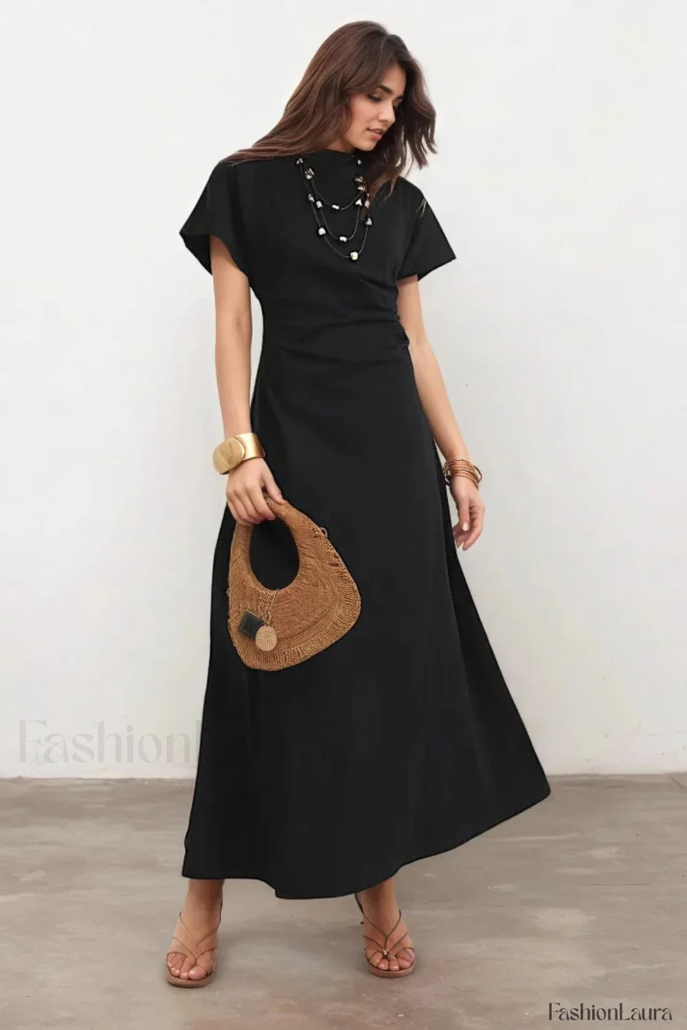 Pleated Waist Pendant Detail Black Maxi Dress - Image 6