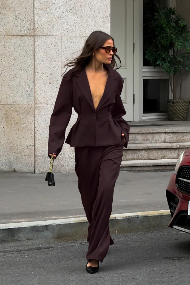 Plunging Neckline Two Piece Blazer Pants Set - Image 3