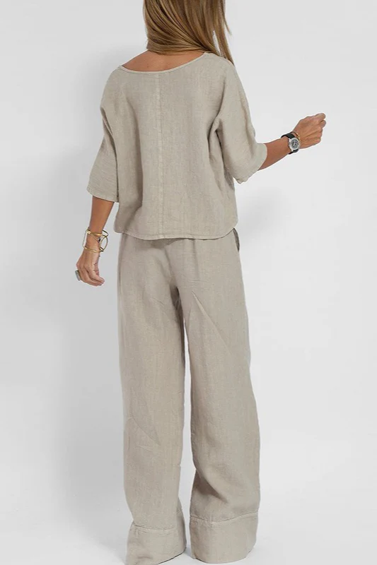 Plus Size Casual Solid Color Linen Pants Set - Image 4