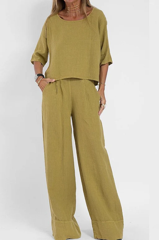 Plus Size Casual Solid Color Linen Pants Set - Image 5