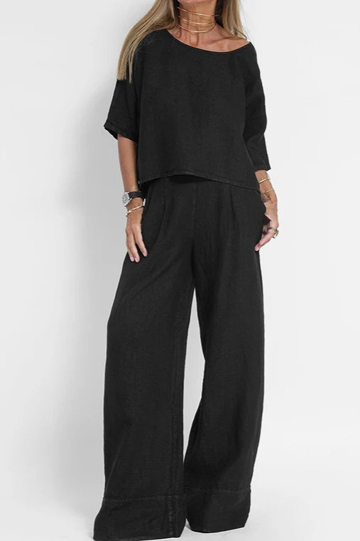 Plus Size Casual Solid Color Linen Pants Set - Image 7