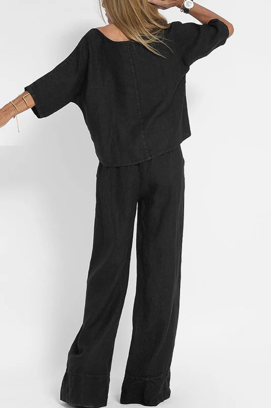 Plus Size Casual Solid Color Linen Pants Set - Image 8