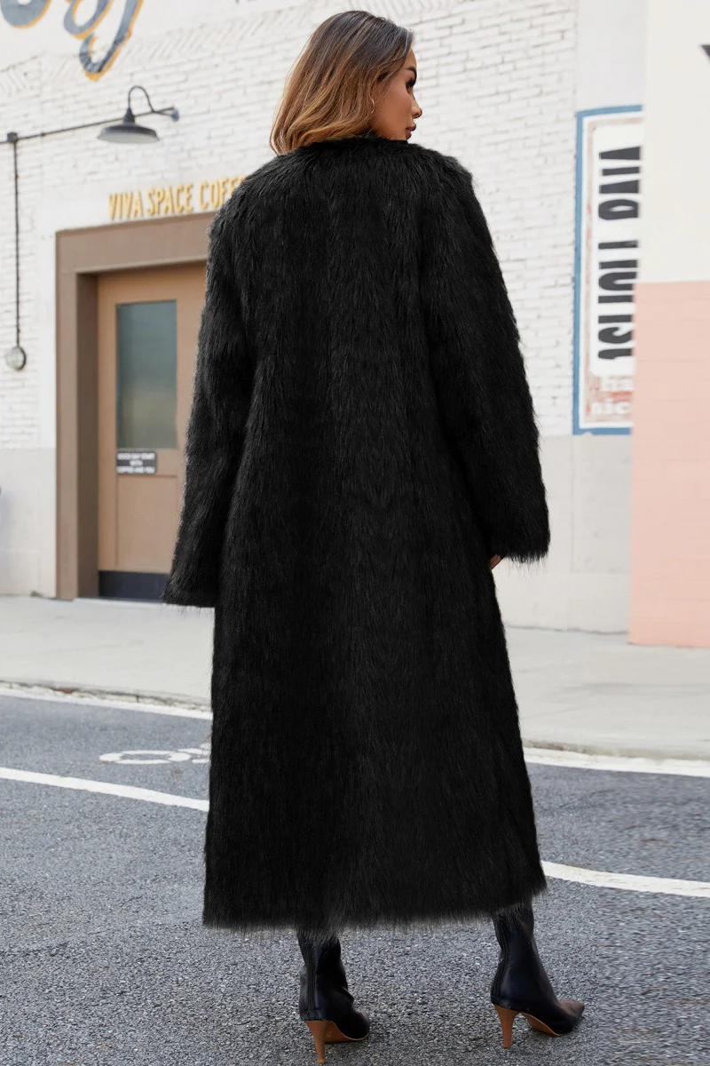 Plush Faux Fur V-Neck Long Overcoat - Image 14