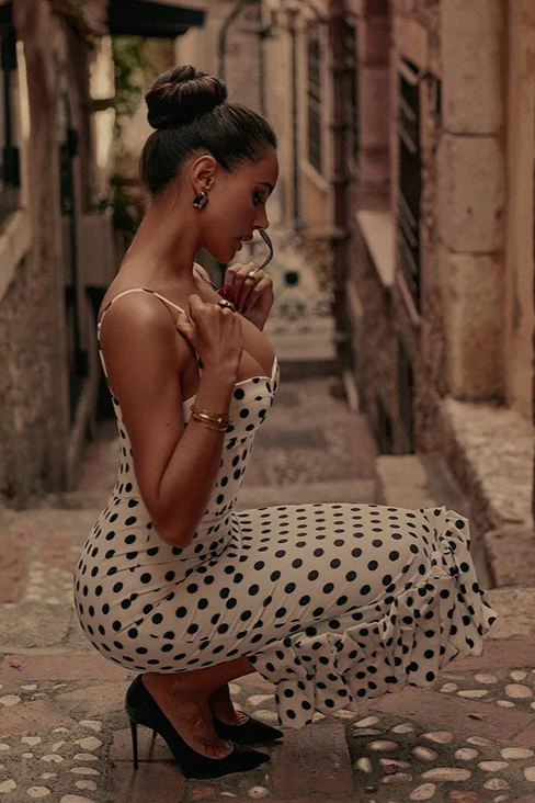 Polka Dot Cami Lace Trim Waist Tie Midi Dress - Image 4