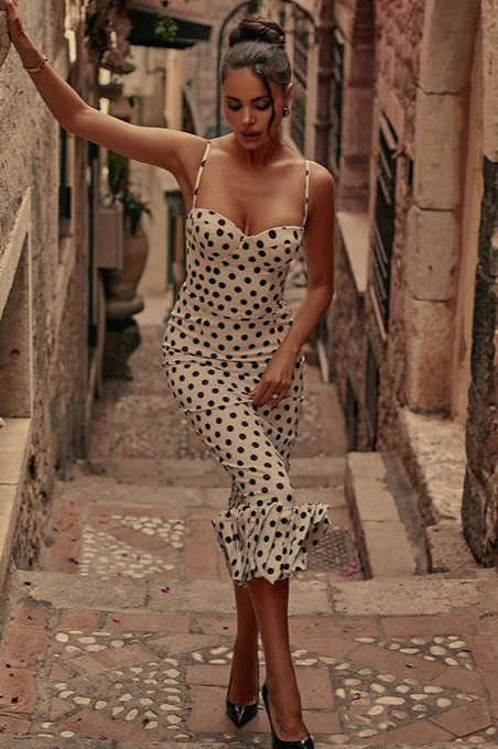 Polka Dot Cami Lace Trim Waist Tie Midi Dress - Image 5