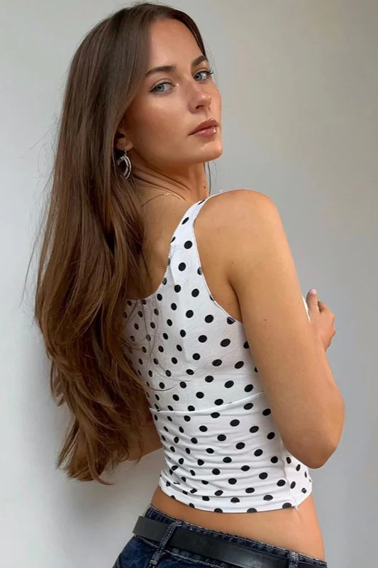 Polka Dot Contrast V Neck Sleeveless Crop Top - Image 2