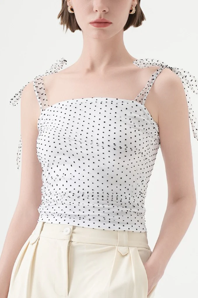 Polka Dot Halter Cropped Ruched Tie Front Tank Top - Image 2