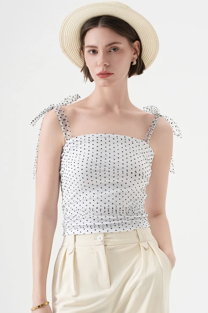 Polka Dot Halter Cropped Ruched Tie Front Tank Top - Image 3