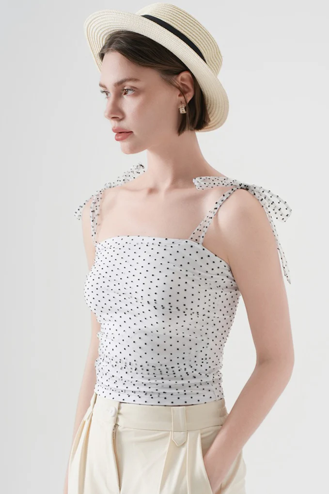Polka Dot Halter Cropped Ruched Tie Front Tank Top - Image 4