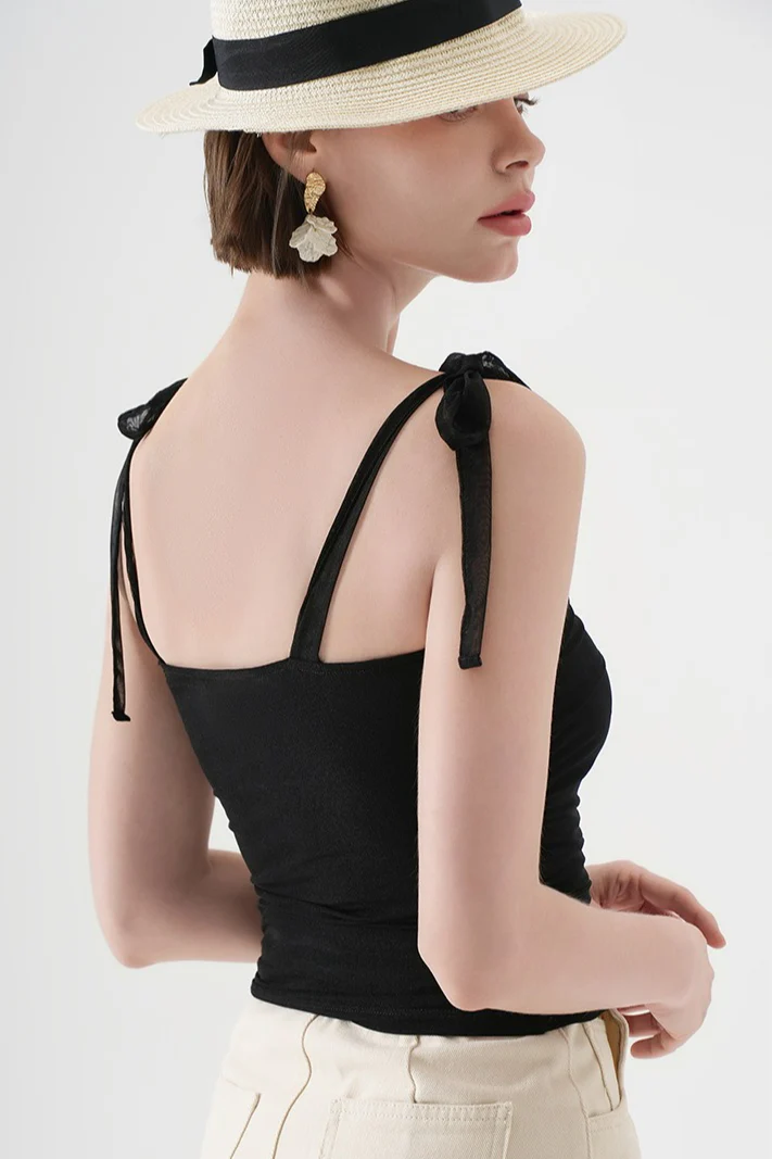 Polka Dot Halter Cropped Ruched Tie Front Tank Top - Image 8