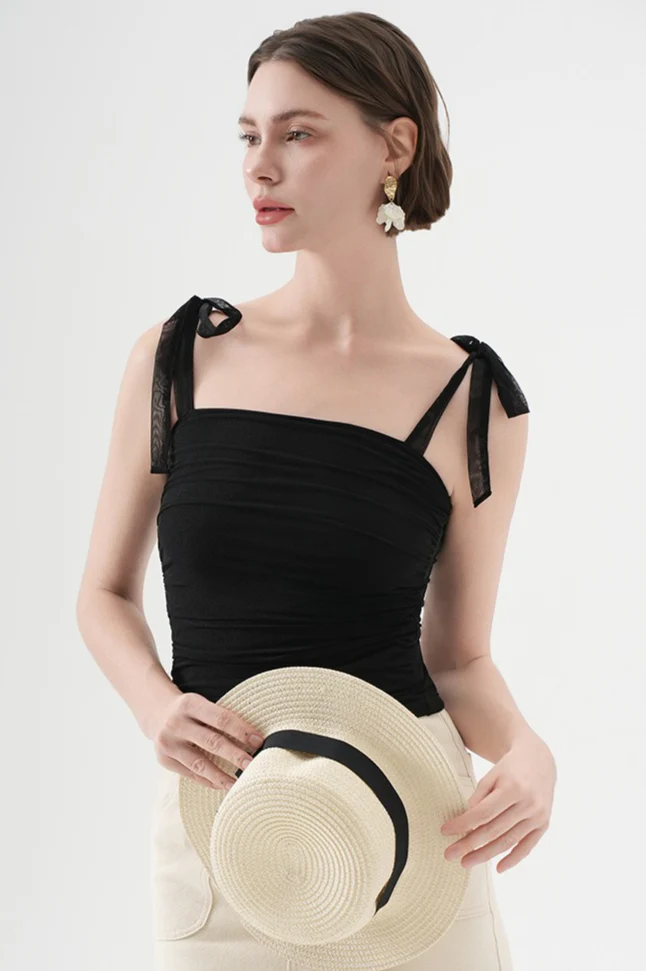 Polka Dot Halter Cropped Ruched Tie Front Tank Top - Image 9