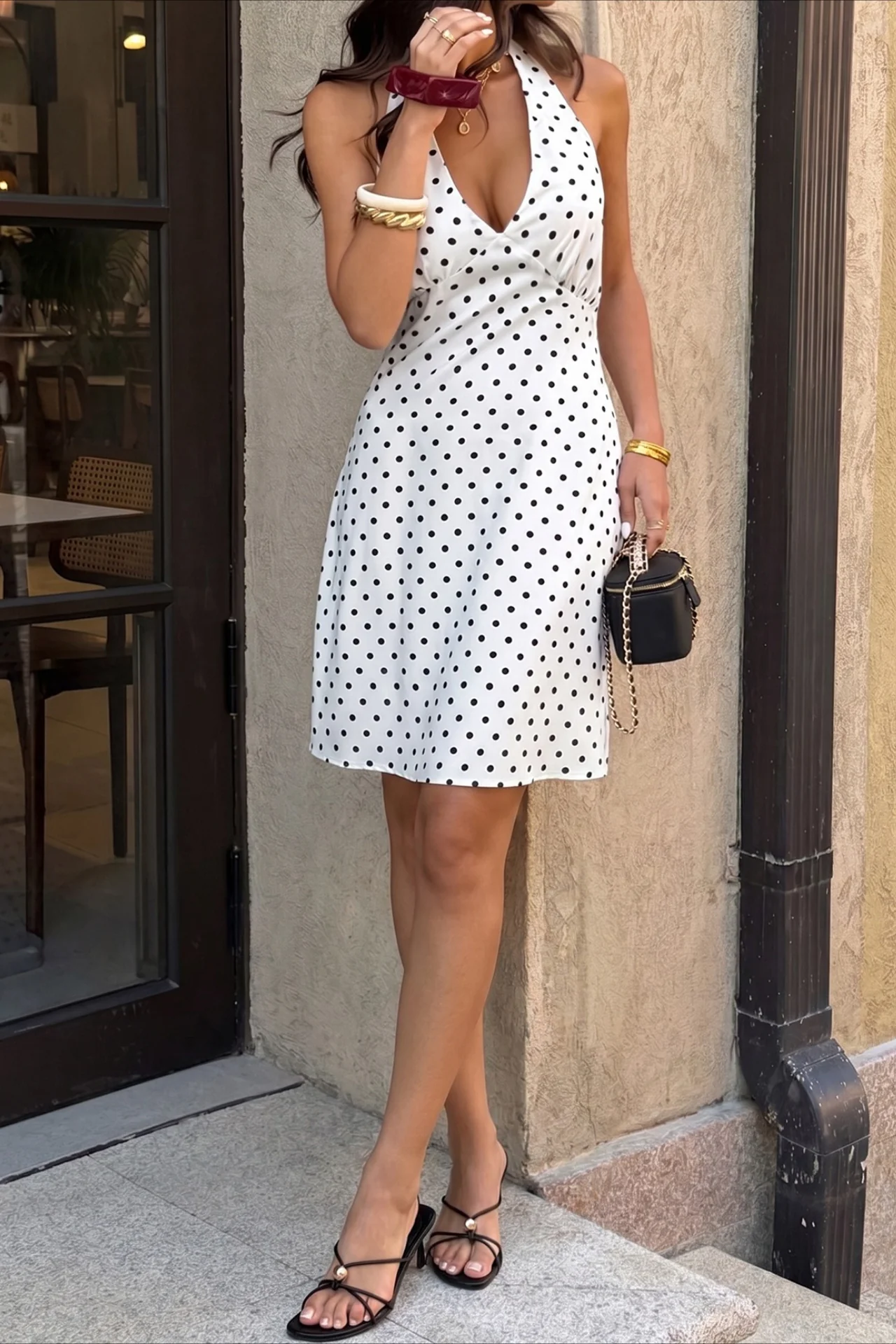 Polka Dot Halter Deep V Waist Midi Dress - Image 5