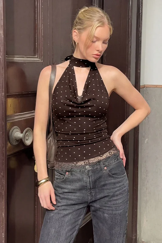 Polka Dot Lace Trim Backless Tie Tube Halter Top