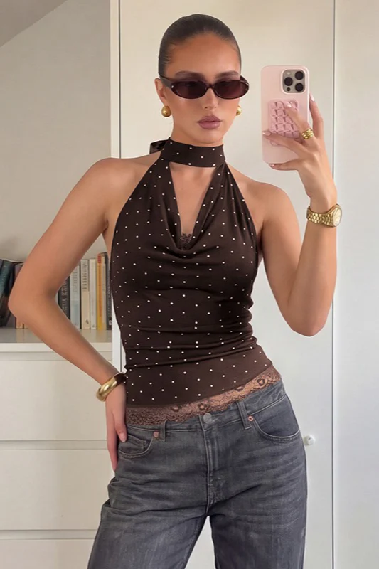 Polka Dot Lace Trim Backless Tie Tube Halter Top - Image 2