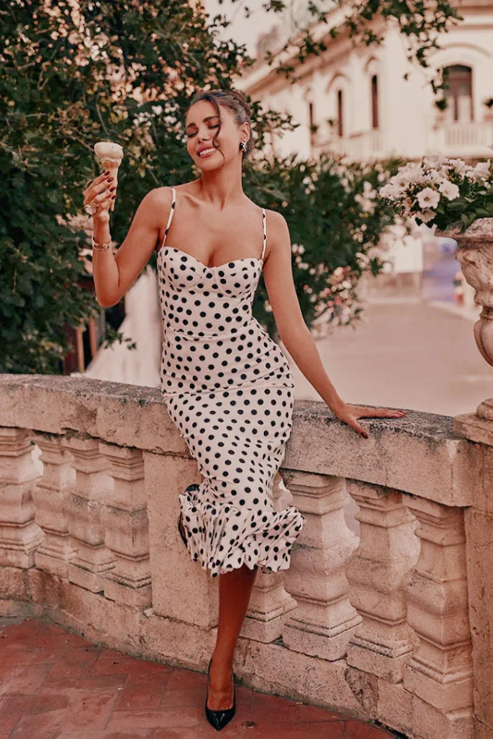 Polka Dot Pleated Slim Waist Strappy Maxi Dress - Image 3