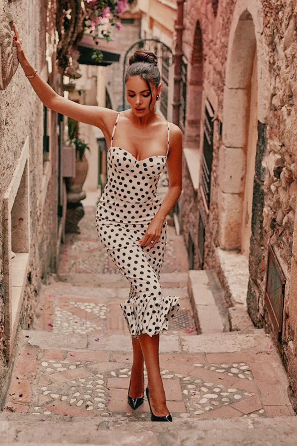 Polka Dot Pleated Slim Waist Strappy Maxi Dress - Image 5