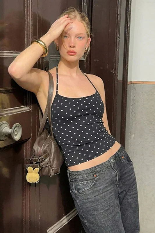 Polka Dot Ruched Spaghetti Strap Halter Top - Image 8