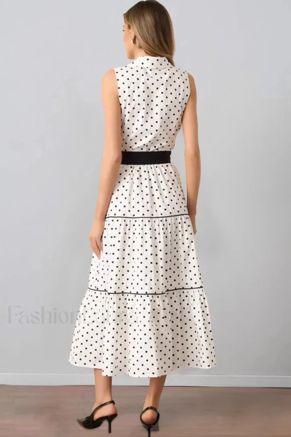 Polka Dot Sleeveless Lapel Fashion Maxi Dress - Image 3