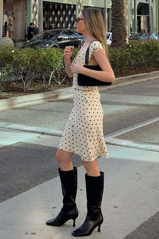Polka Dot V Neck Tie Slim Midi Skirt Set - Image 5