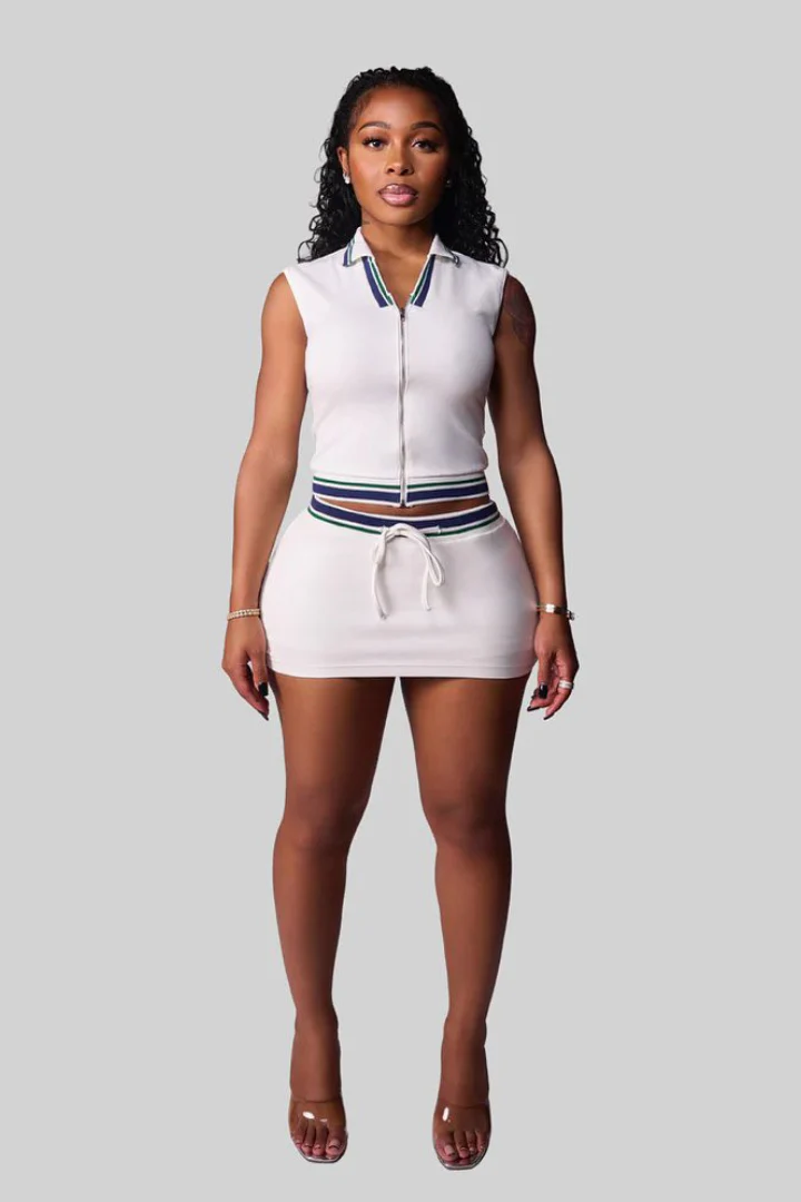 Polo Collar Stretch Fit Top Ruched Mini Skirt Set - Image 4