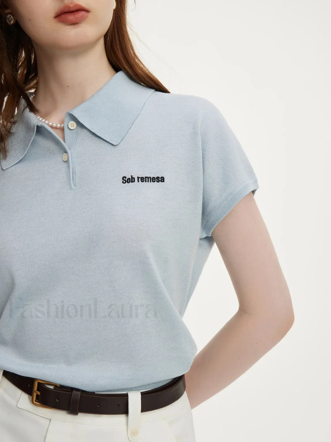 Polo Neck Light Blue Wool Cotton T-Shirt - Image 4