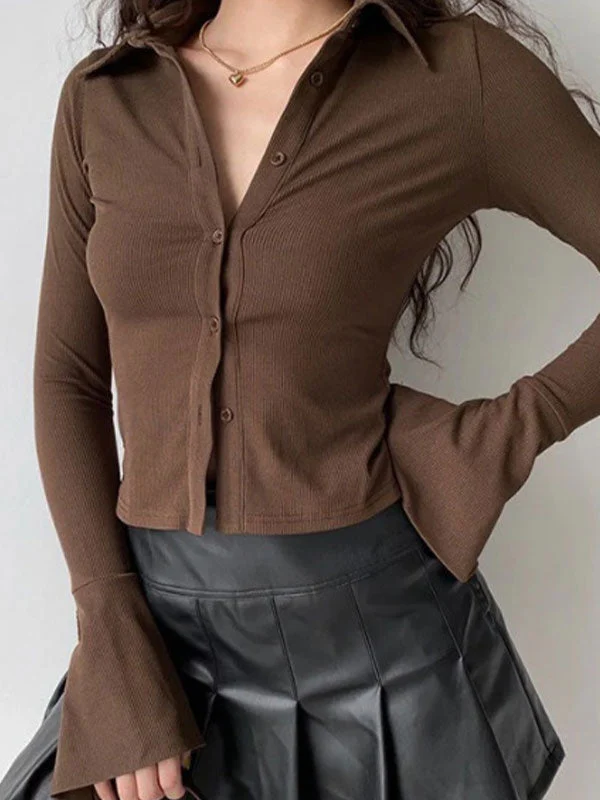 Polo Neck Long Sleeve Rib Blouse - Image 2