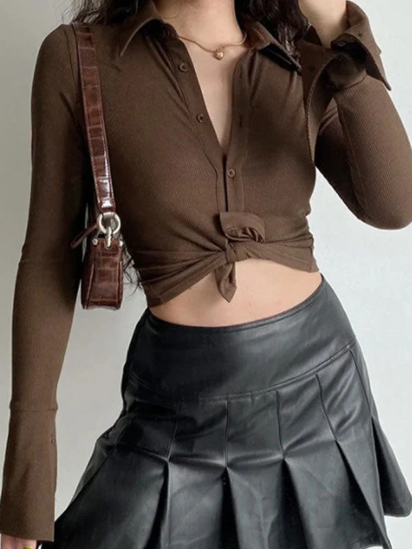Polo Neck Long Sleeve Rib Blouse - Image 4