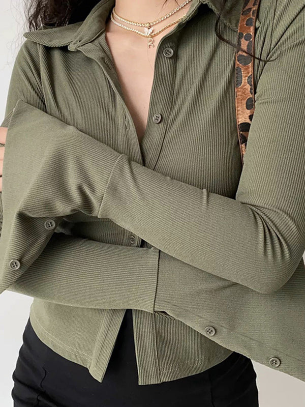 Polo Neck Long Sleeve Rib Blouse - Image 65