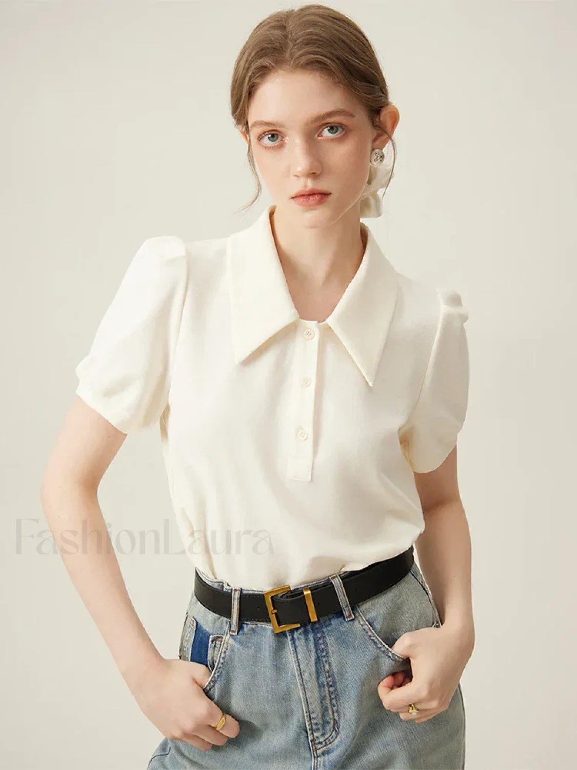Polo Neck Stripe Contrasting Color T-Shirt - Image 4