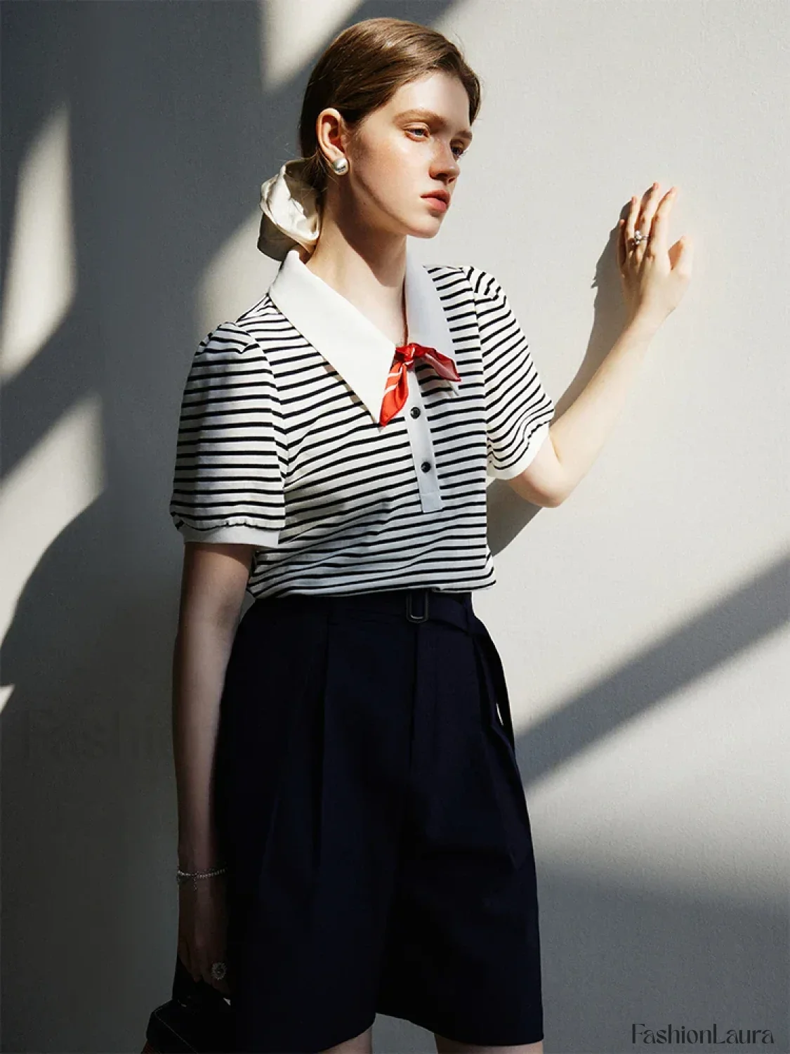 Polo Neck Stripe Contrasting Color T-Shirt - Image 7